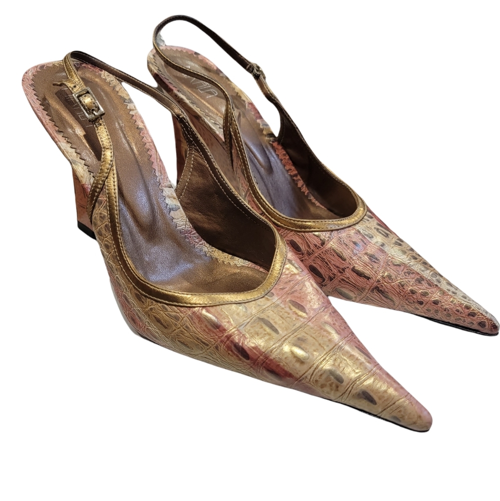 Women’s Pointed Slingback Heels in Metallic Pink and Gold Ostrich Embossed 9.5